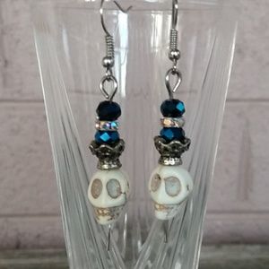 Blue Crystal Crowned White Turquoise Skull Earring